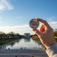 Hand holding America 250 United in Freedom collectible coin token against Washington DC National Mall patriotic gift for collectors
