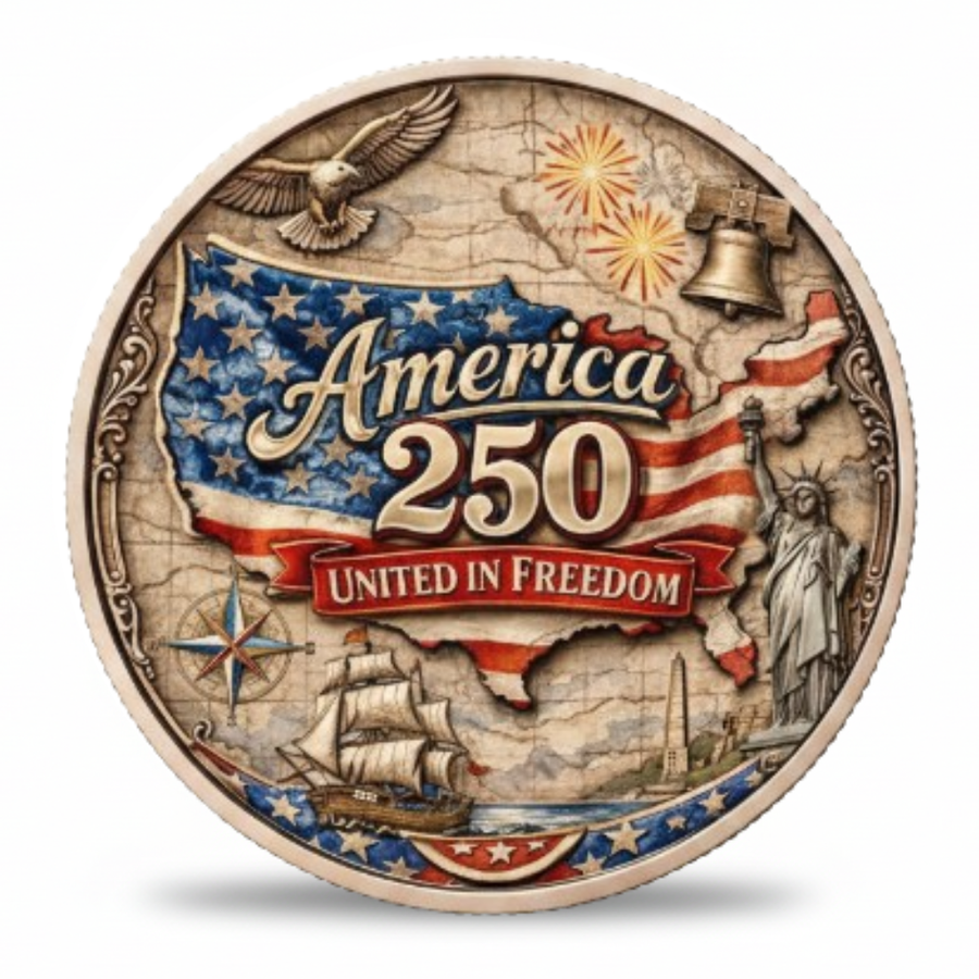 America 250 United in Freedom patriotic collectible coin US map Statue of Liberty Liberty Bell eagle 1776 to 2026 available at One More Coin store
