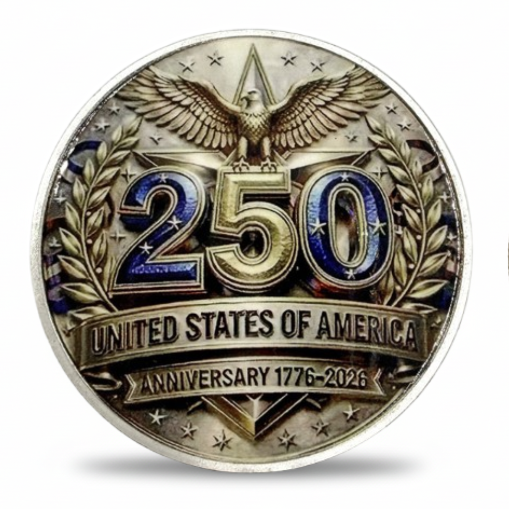 America 250th Anniversary 1776 2026 United States of America commemorative coin front 250 bald eagle laurel wreath antique silver blue enamel collectible available at One More Coin store
