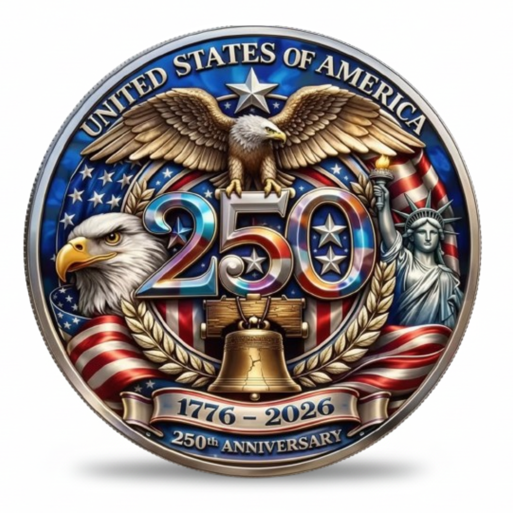 America 250th Anniversary collectible coin front United States of America eagle Statue of Liberty Liberty Bell 1776 to 2026 available at One More Coin store
