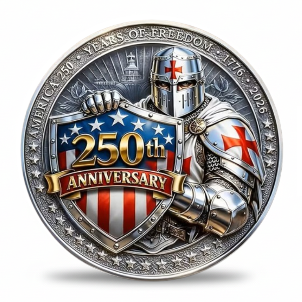 America 250 Years of Freedom 1776 2026 knight guardian patriotic collectible coin antique silver available at One More Coin store
