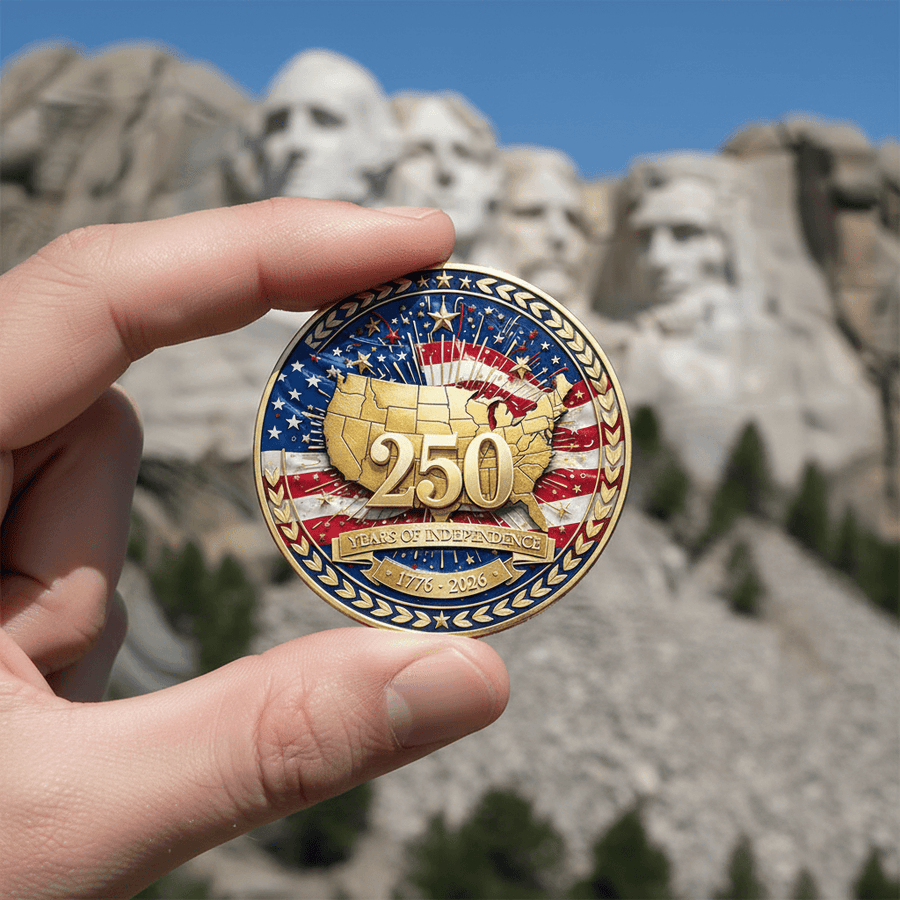 America 250th Anniversary Golden Age collectible coin held up in hand against Mount Rushmore landmark background showing gold USA map and 250 Years of Independence design
