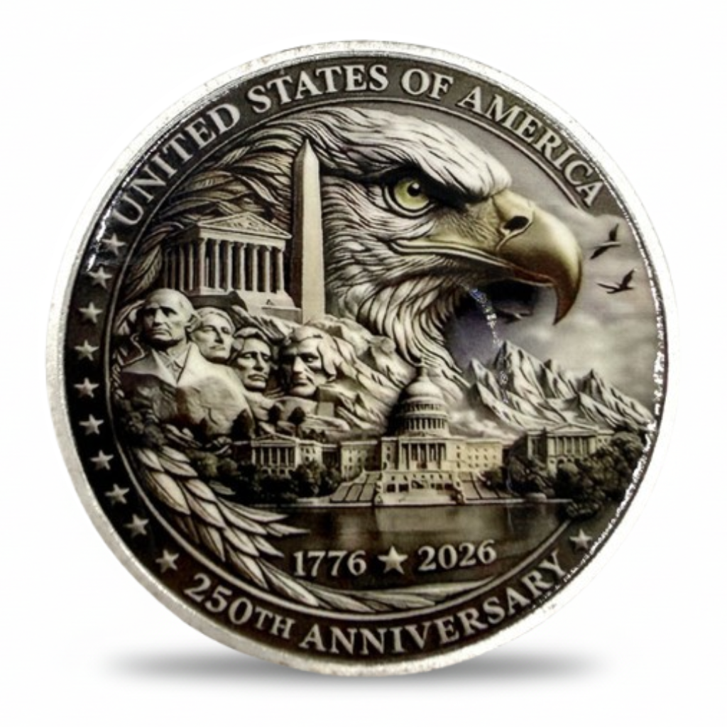 America 250th Anniversary 1776 2026 United States of America commemorative coin reverse Mount Rushmore Capitol Washington Monument bald eagle antique silver patriotic collectible
