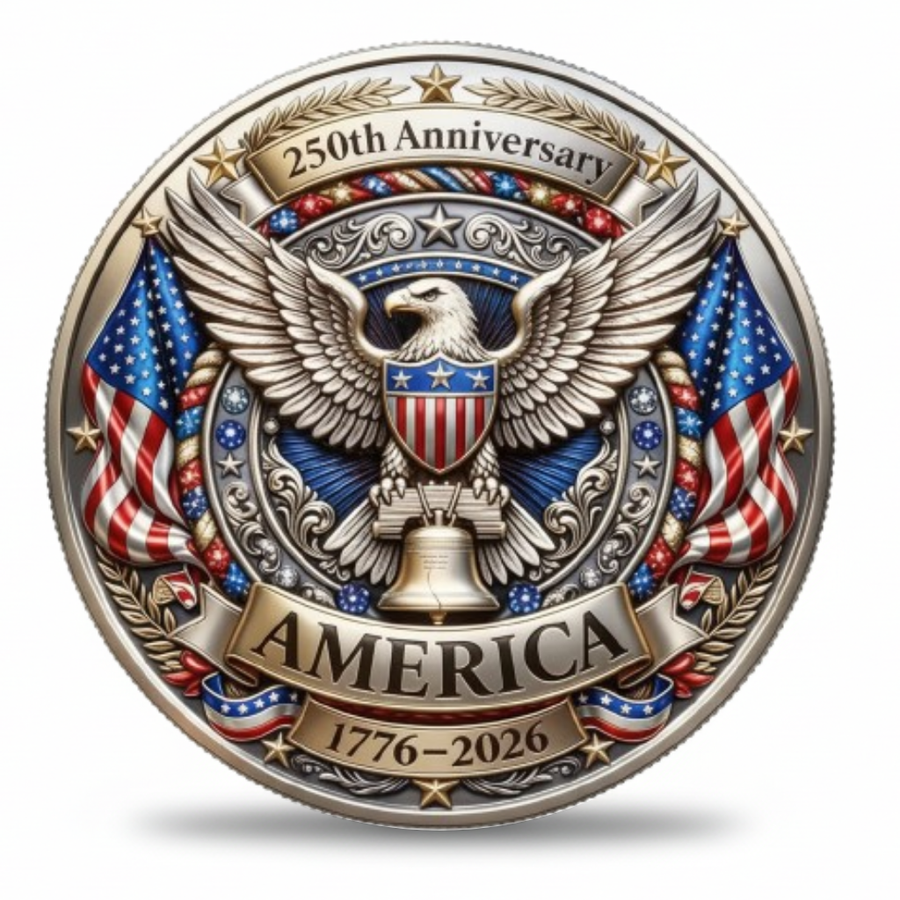 America 250th Anniversary collectible coin reverse bald eagle American flags Liberty Bell ornate scrollwork 1776 to 2026
