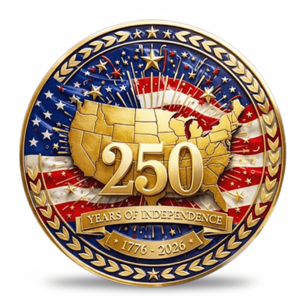America 250th Anniversary Golden Age collectible coin front featuring gold USA map fireworks American flag and inscription 250 Years of Independence 1776 to 2026 available at One More Coin store
