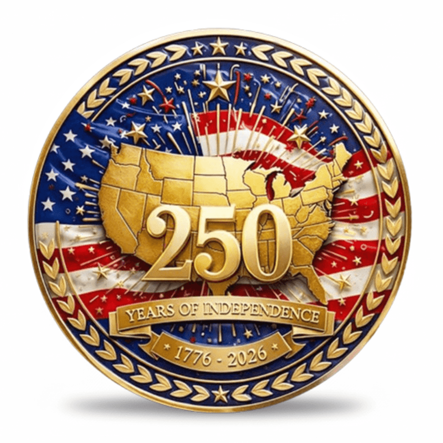 America 250th Anniversary Golden Age collectible coin front featuring gold USA map fireworks American flag and inscription 250 Years of Independence 1776 to 2026 available at One More Coin store
