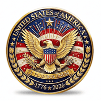Reverse of America 250th Anniversary coin showing golden bald eagle with shield American flag fireworks E Pluribus Unum banner and inscription United States of America 1776 to 2026
