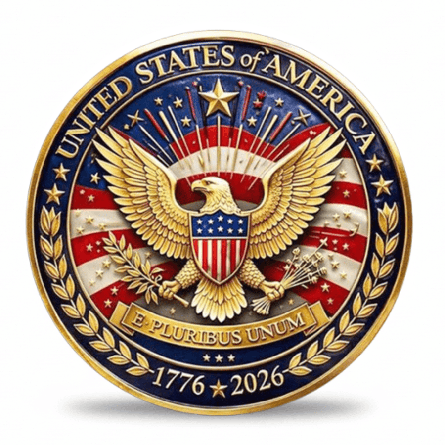Reverse of America 250th Anniversary coin showing golden bald eagle with shield American flag fireworks E Pluribus Unum banner and inscription United States of America 1776 to 2026
