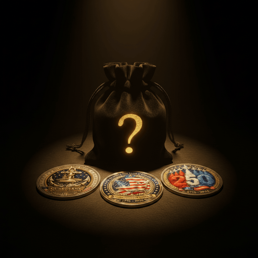 A black drawstring pouch with a glowing gold question mark sits on a dark surface, with three round 250 years of freedom commemorative coins placed in front. The pouch and coins are illuminated by dramatic spotlighting against a black background.