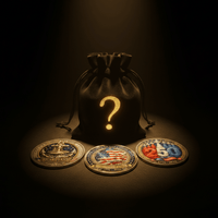 A black drawstring pouch with a glowing gold question mark sits on a dark surface, with three round 250 years of freedom commemorative coins placed in front. The pouch and coins are illuminated by dramatic spotlighting against a black background.