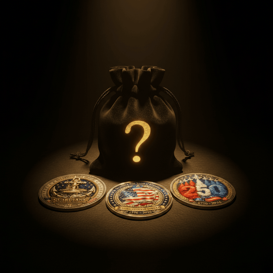 A black drawstring pouch with a glowing gold question mark sits on a dark surface, with three round 250 years of freedom commemorative coins placed in front. The pouch and coins are illuminated by dramatic spotlighting against a black background.
