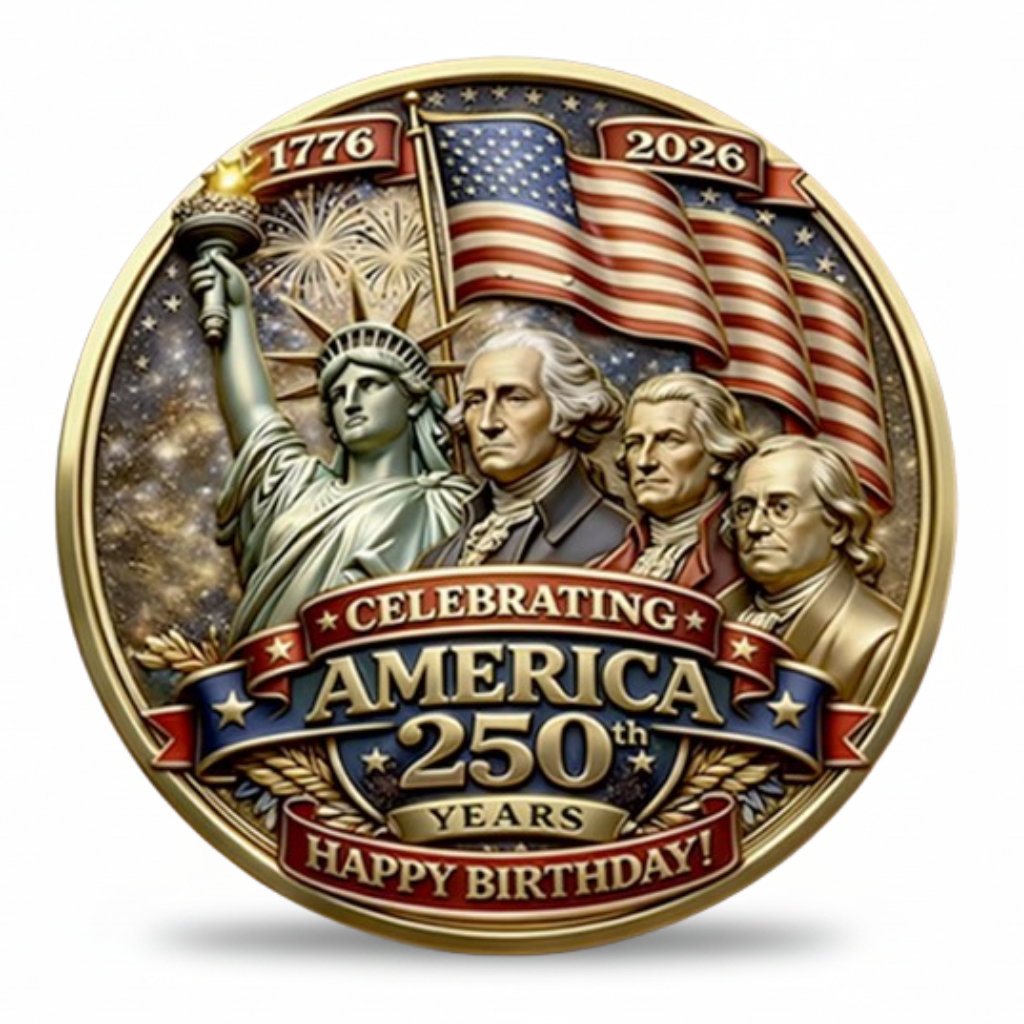 America 250th Birthday 1776 2026 Founding Fathers Washington Jefferson Franklin Lady Liberty commemorative collectible coin gold enamel patriotic gift for collectors available at One More Coin store