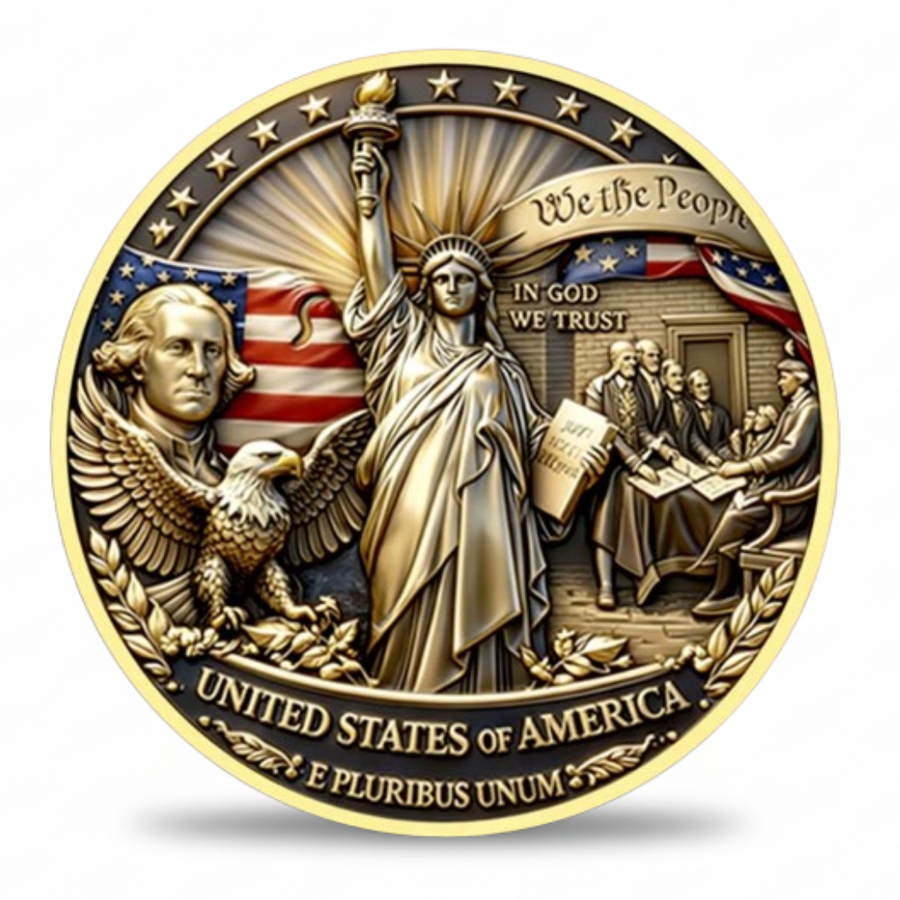 We the People In God We Trust E Pluribus Unum Founding Fathers signing Declaration of Independence reverse side America 250th anniversary commemorative collectible coin token