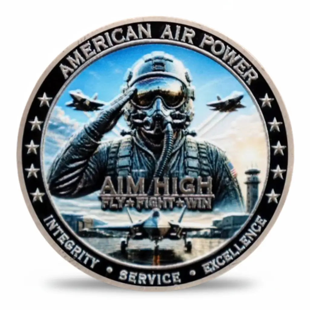 American Air Power coin front face saluting fighter pilot flight helmet oxygen mask F-15 Eagles F-22 Raptor aim high fly fight win integrity service excellence silver enamel military collectible available at One More Coin store