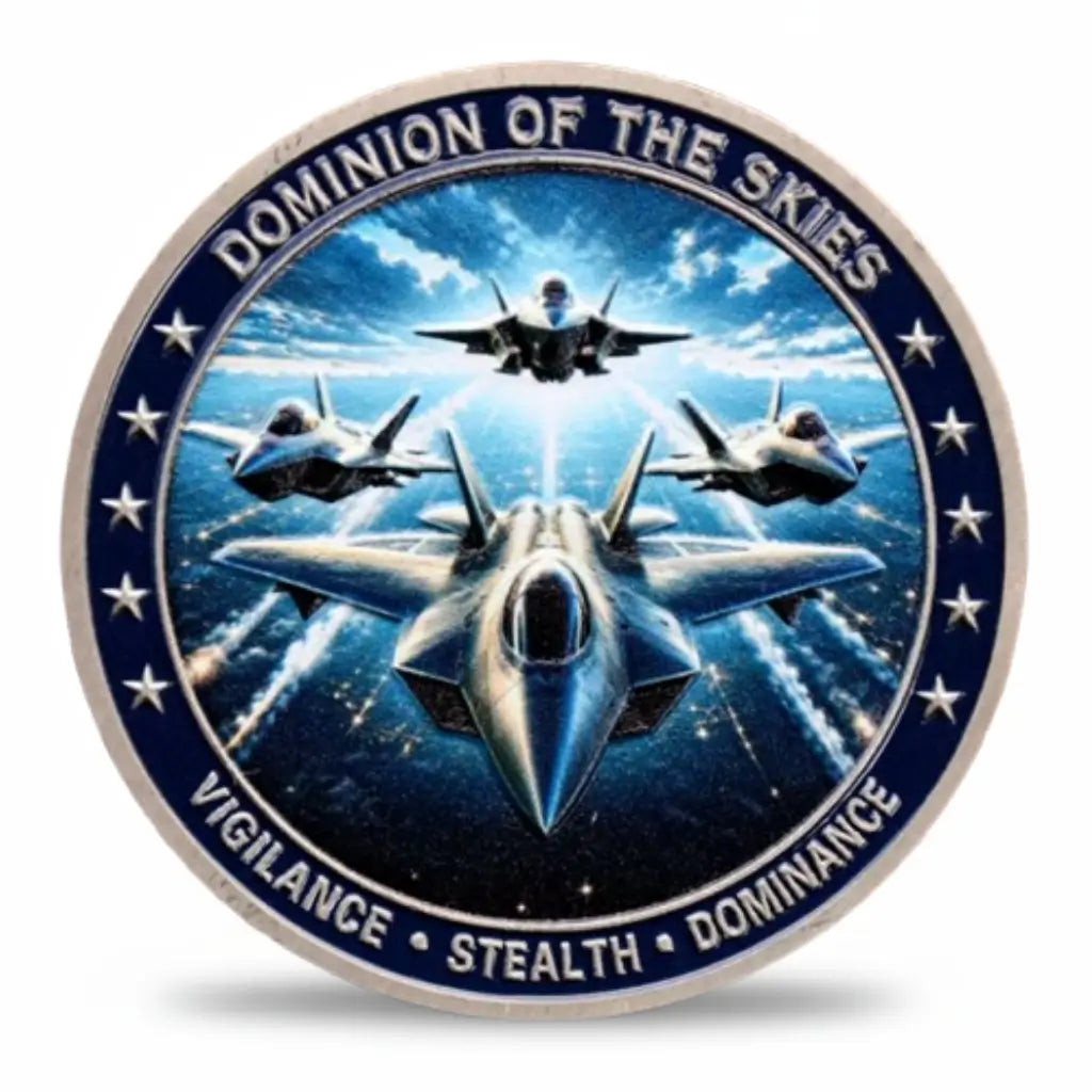American Air Power coin reverse stealth jet formation F-22 Raptor dominion of the skies vigilance stealth dominance electric blue navy enamel silver stars military collectible token