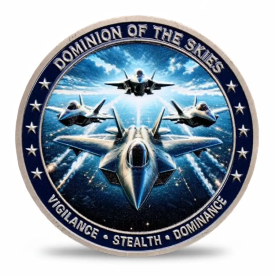 American Air Power coin reverse stealth jet formation F-22 Raptor dominion of the skies vigilance stealth dominance electric blue navy enamel silver stars military collectible token