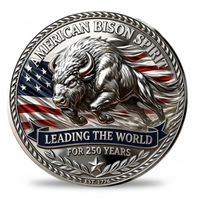 American Bison Spirit collectible coin featuring charging bison with American flag leading the world for 250 years Est 1776 antique silver patriotic commemorative collectible token available at One More Coin store

