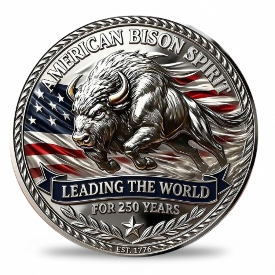 American Bison Spirit collectible coin featuring charging bison with American flag leading the world for 250 years Est 1776 antique silver patriotic commemorative collectible token available at One More Coin store

