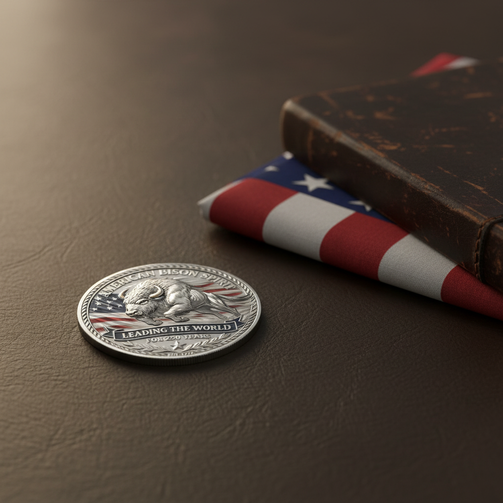 American Bison Spirit USA 250th anniversary collectible coin on dark leather surface beside American flag and journal patriotic collector display
