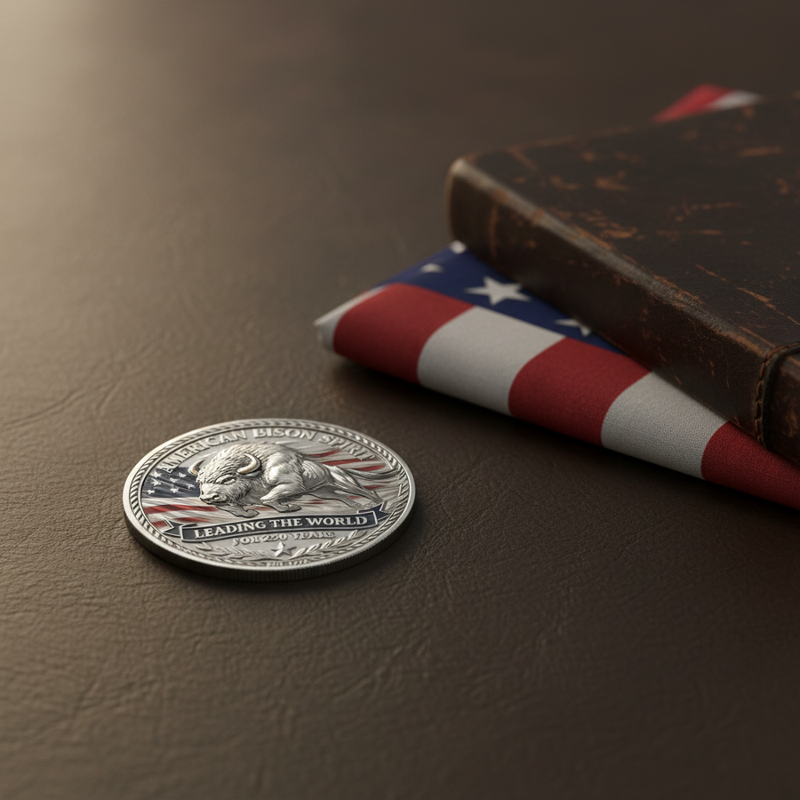 American Bison Spirit USA 250th anniversary collectible coin on dark leather surface beside American flag and journal patriotic collector display

