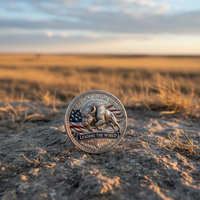 American Bison Spirit USA 250th anniversary collectible coin resting on rocky prairie ground golden hour sunlight open American landscape patriotic commemorative collectible token
