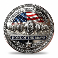 Decorative coin with American flag, bison, and 'Home of the Brave' text on a white background