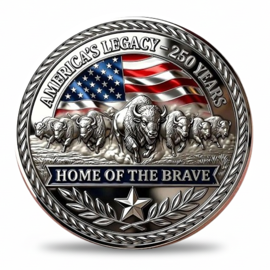 Decorative coin with American flag, bison, and 'Home of the Brave' text on a white background