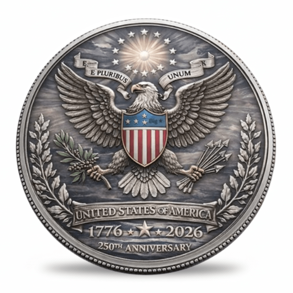 United States of America 1776 2026 250th Anniversary bald eagle Great Seal E Pluribus Unum commemorative coin front antique silver collectible.
