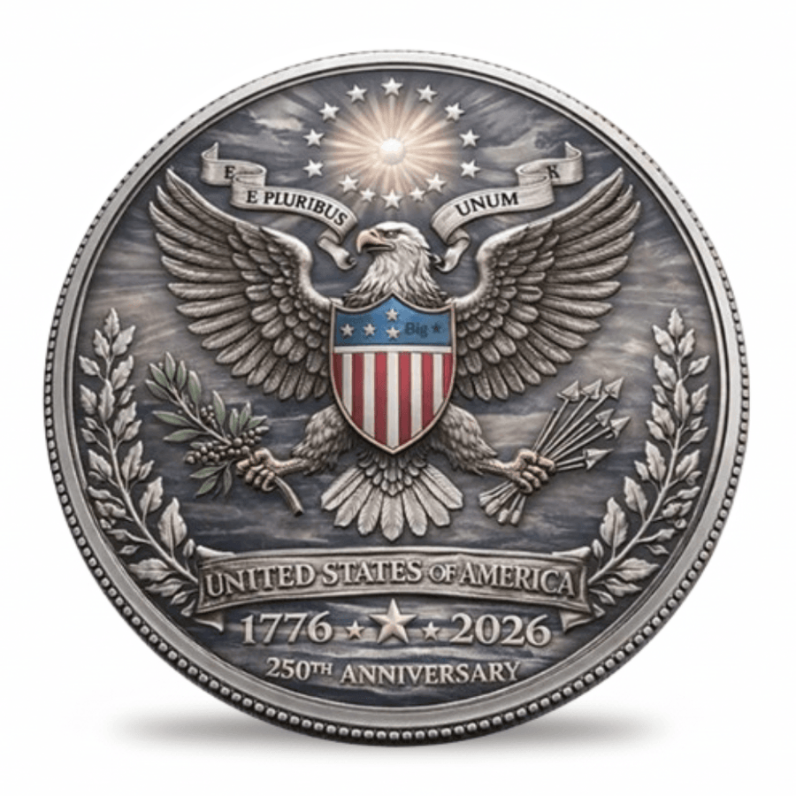 United States of America 1776 2026 250th Anniversary bald eagle Great Seal E Pluribus Unum commemorative coin front antique silver collectible.
