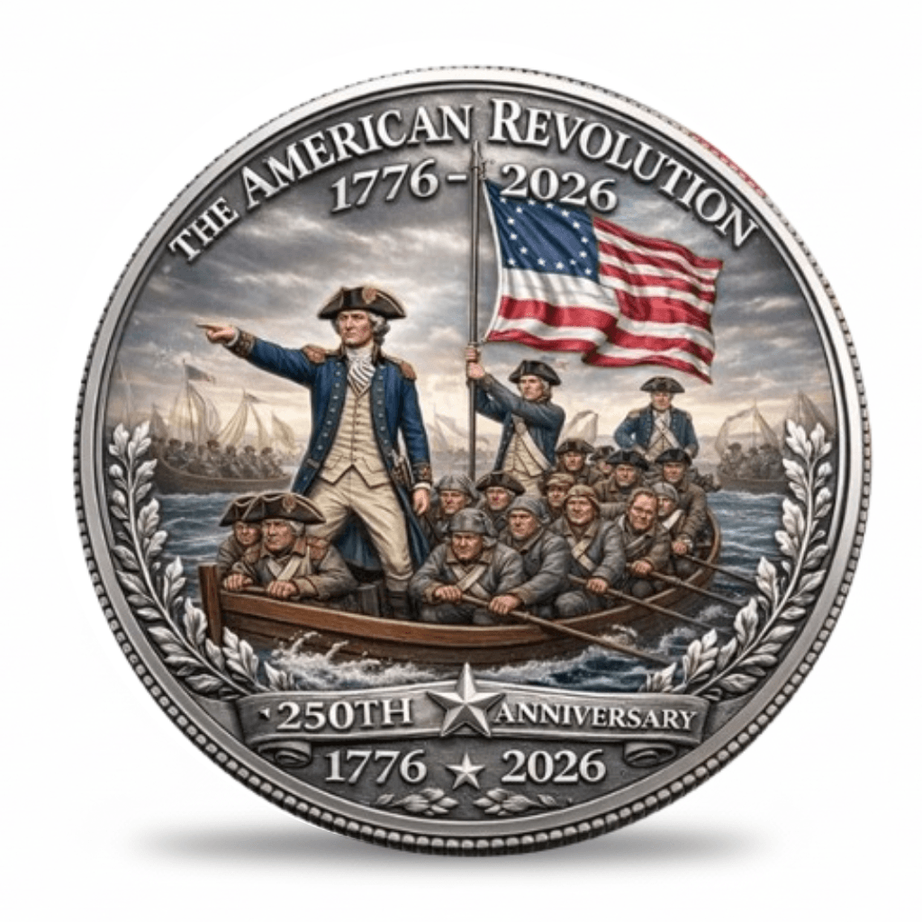 The American Revolution 1776 2026 Washington Crossing the Delaware 250th Anniversary commemorative coin reverse full colour antique silver patriotic collectible available at one more coin.
