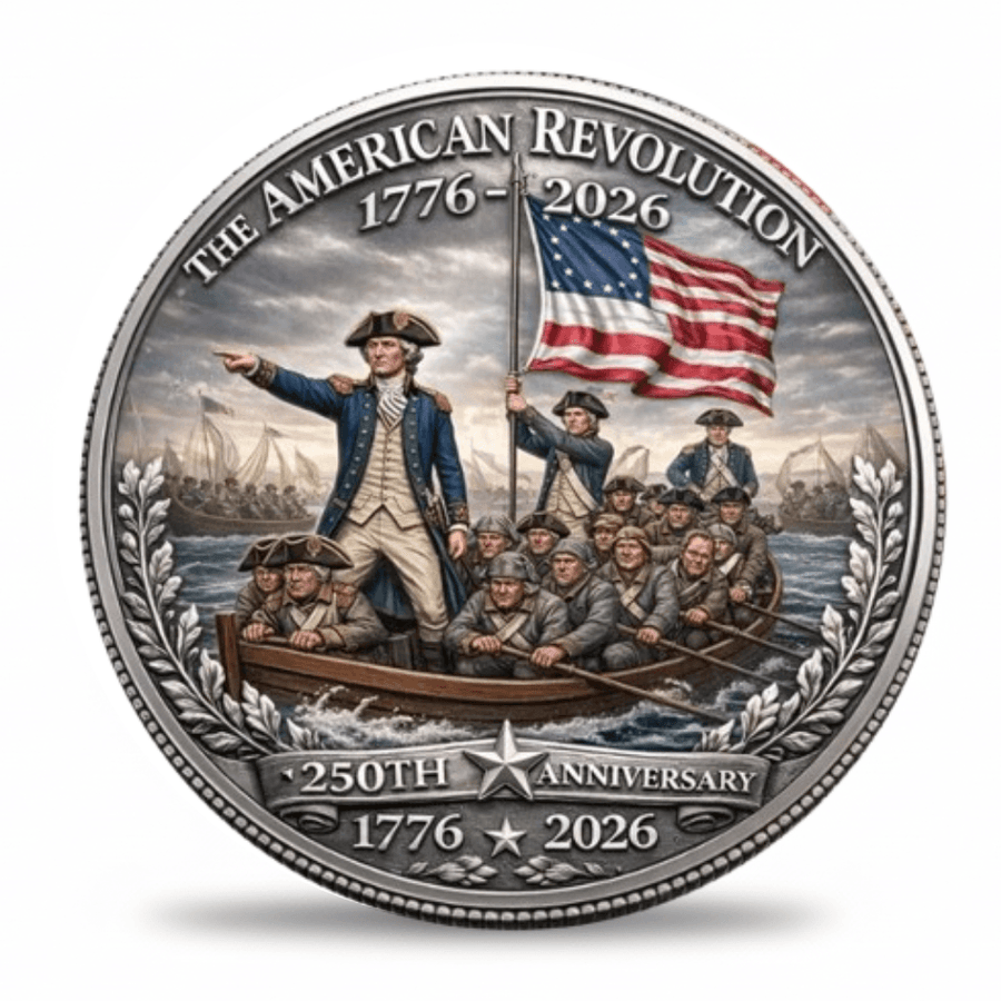 The American Revolution 1776 2026 Washington Crossing the Delaware 250th Anniversary commemorative coin reverse full colour antique silver patriotic collectible available at one more coin.

