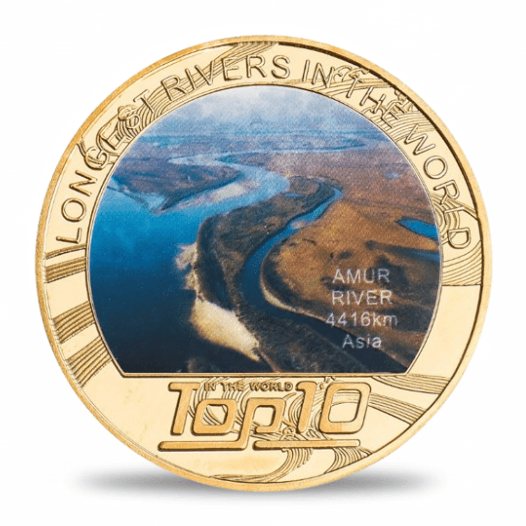 Amur River longest rivers world collectible coin full-colour aerial photograph gold-tone token
