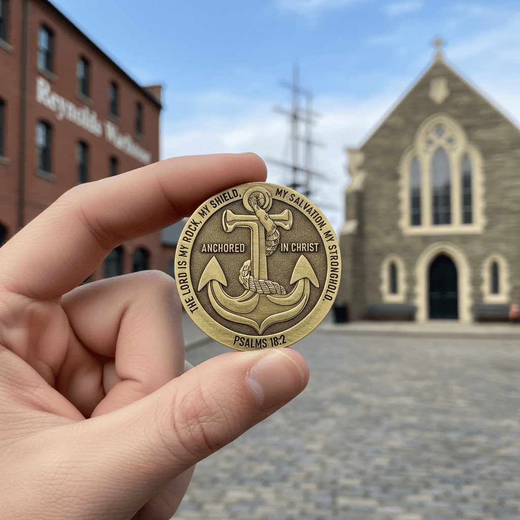 A hand holds a bronze anchor challenge coin in front of a blurred background of a church and docks