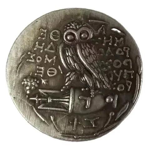Ancient Athens owl coin reverse side Greek inscription sacred owl design antique silver tetradrachm collectible coin
