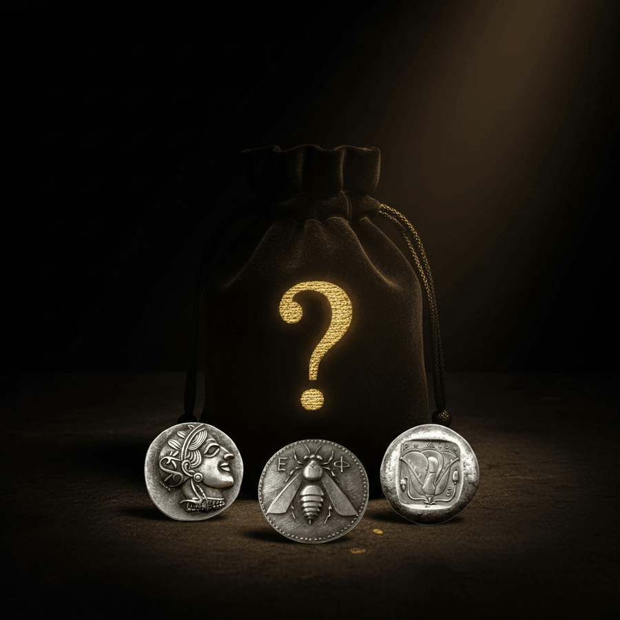 Three silver ancient-style coins displayed in front of a black drawstring pouch with a glowing gold question mark on a dark background.