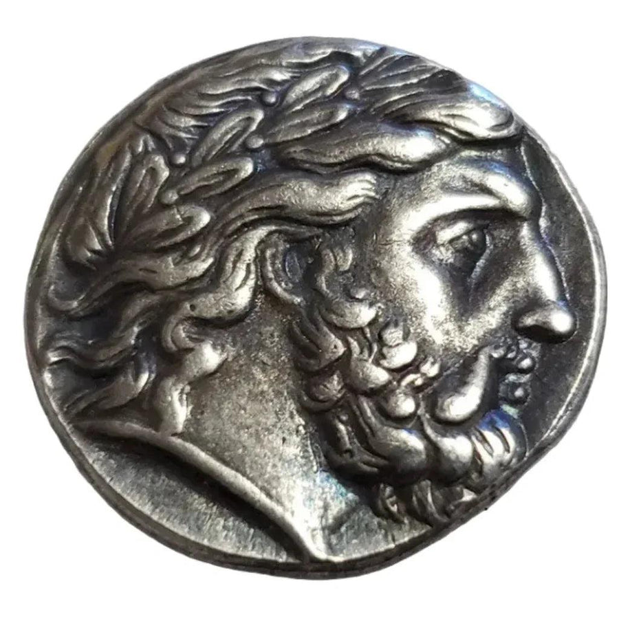 Ancient Greek Alexander the Great bull commemorative collectible coin Hercules lion skin headdress wild hair Hellenistic antique silver historical coin gift for collectors available at One More Coin store
