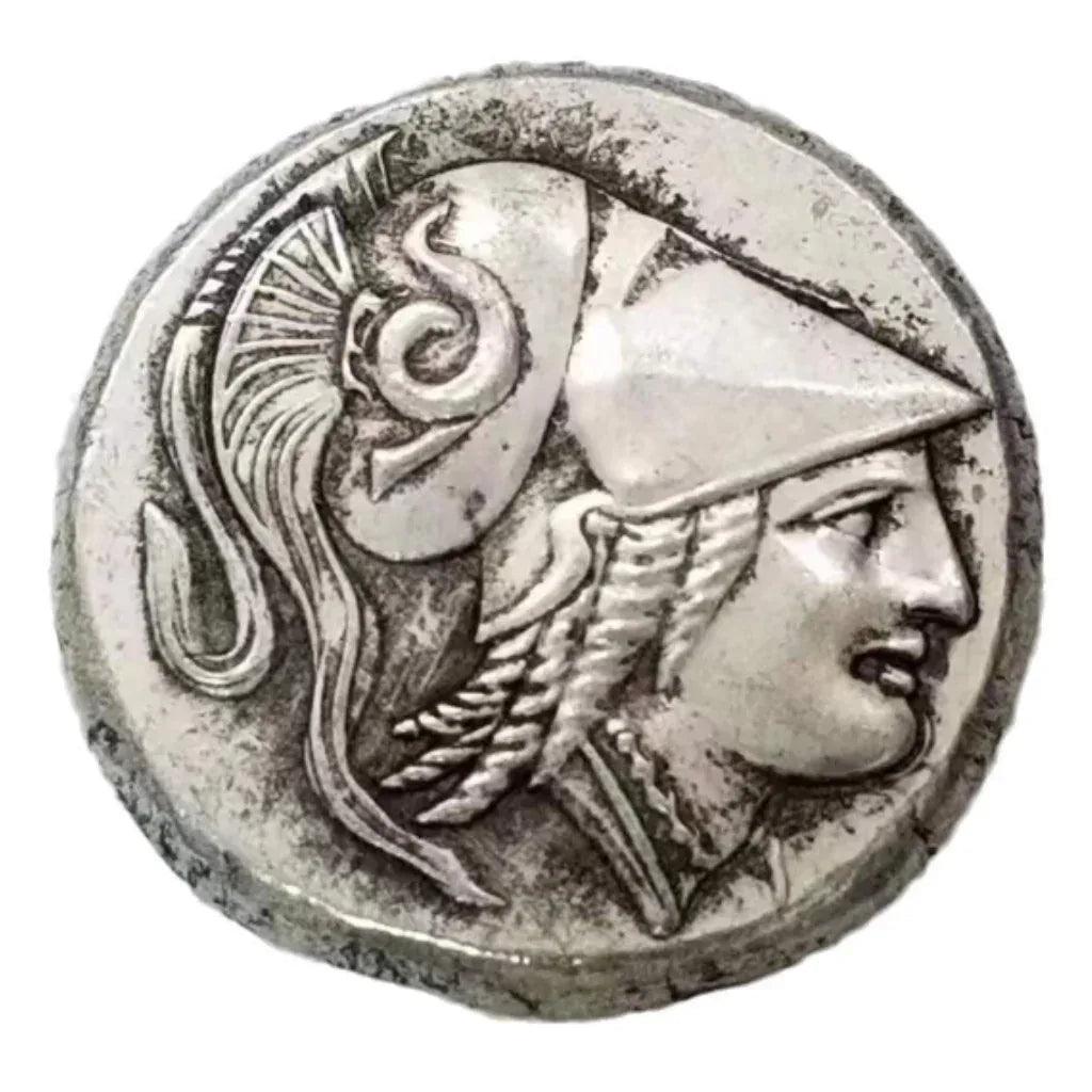Ancient Greek Athena Nike commemorative collectible coin goddess wisdom ornate helmet plume Megalopolis antique silver historical coin gift for collectors available at One More Coin store
