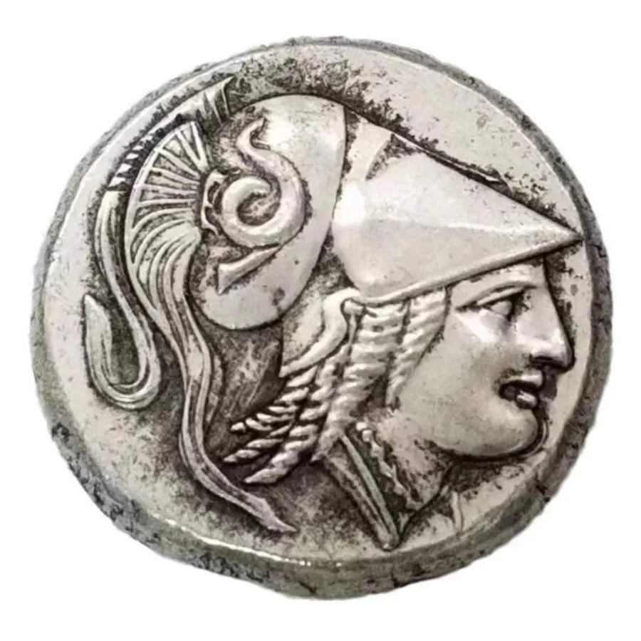 Ancient Greek Athena Nike commemorative collectible coin goddess wisdom ornate helmet plume Megalopolis antique silver historical coin gift for collectors available at One More Coin store
