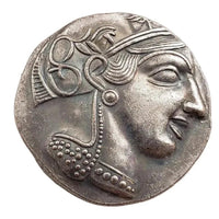 Ancient Greek Athena owl commemorative collectible coin goddess wisdom ornate decorated helmet scrollwork Athens antique silver historical coin gift for collectors available at One More Coin store
