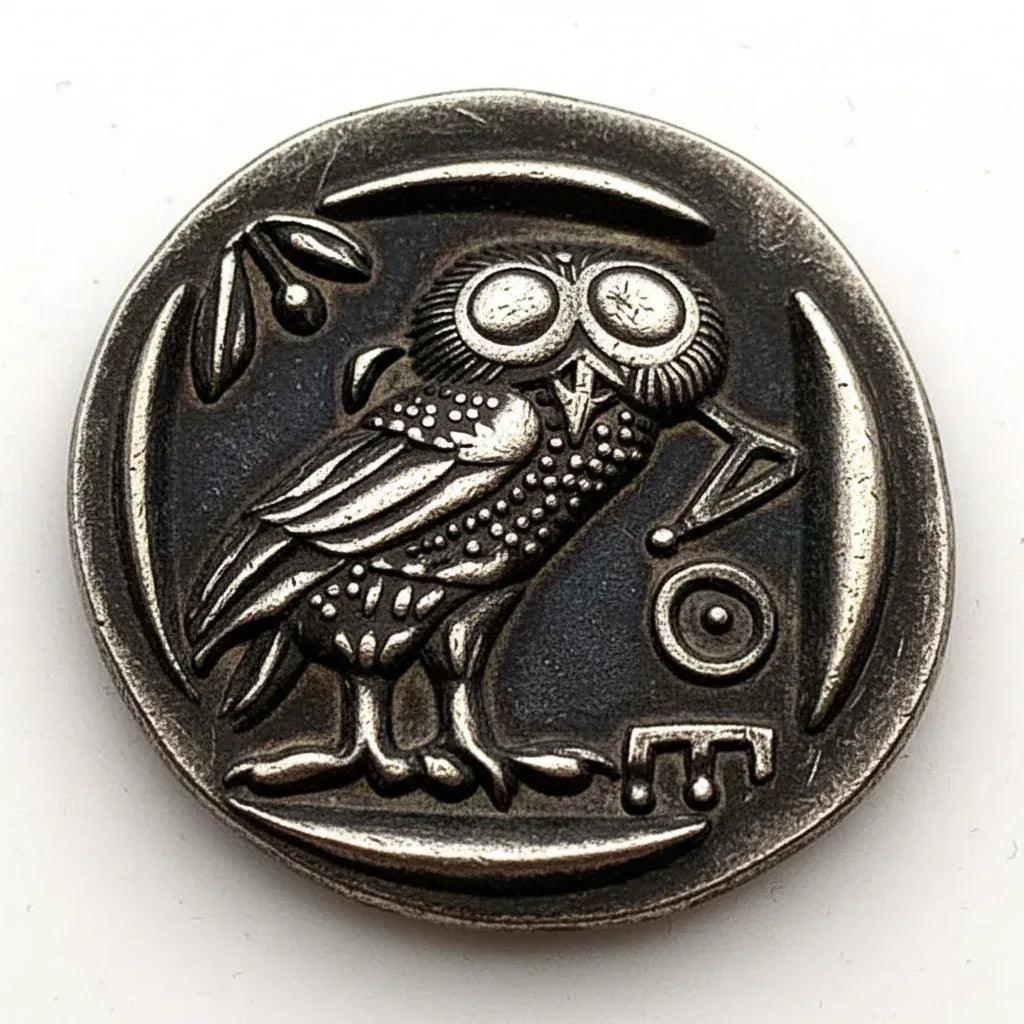 Ancient Greek Athenian owl tetradrachm coin reverse side sacred owl olive branch crescent moon Greek letters Athens antique silver collectible coin
