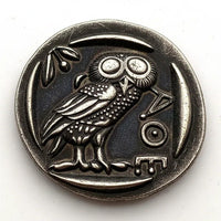 Ancient Greek Athenian owl tetradrachm coin reverse side sacred owl olive branch crescent moon Greek letters Athens antique silver collectible coin
