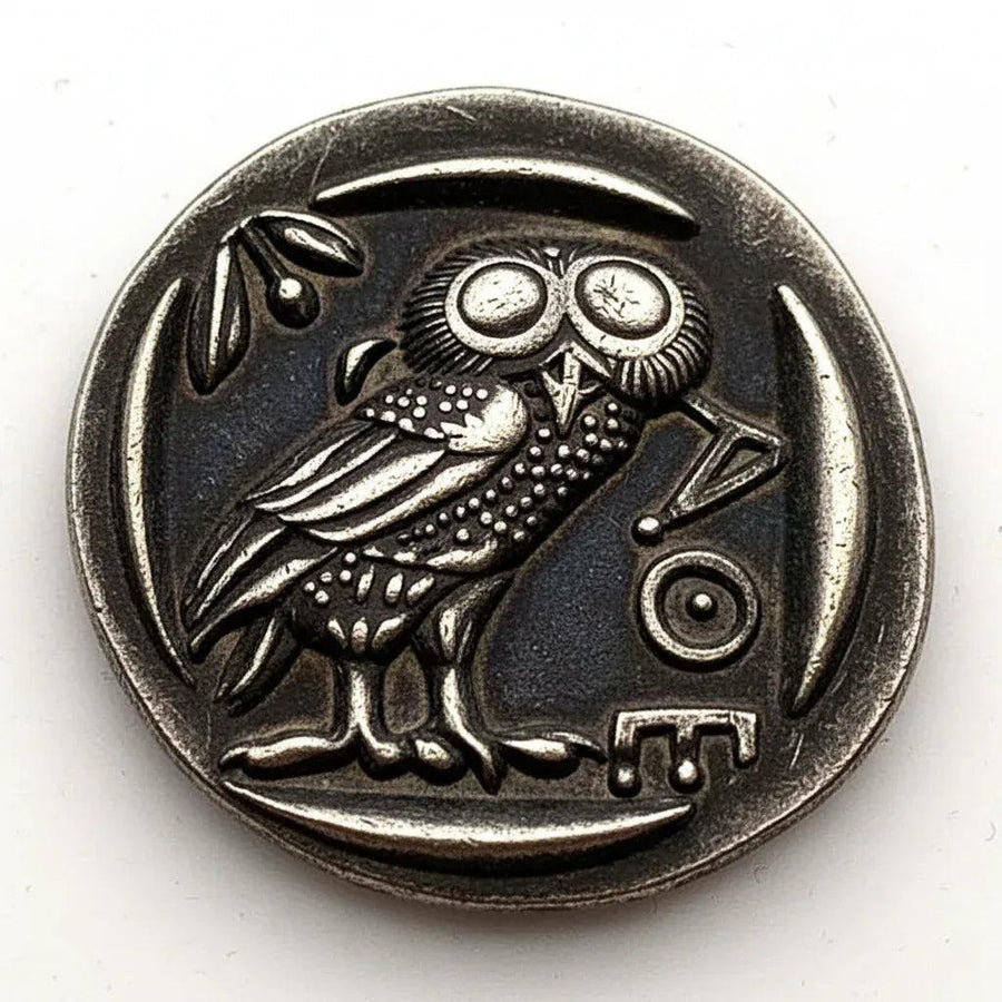 Ancient Greek Athenian owl tetradrachm coin reverse side sacred owl olive branch crescent moon Greek letters Athens antique silver collectible coin
