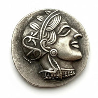 Ancient Greek Athenian owl tetradrachm commemorative collectible coin Athena goddess wisdom crested helmet Athens classical antique silver historical coin gift for collectors available at One More Coin store
