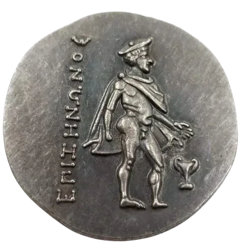 Ancient Greek griffin coin obverse warrior staff ETIHNOY inscription collectible token available at One More Coin store
