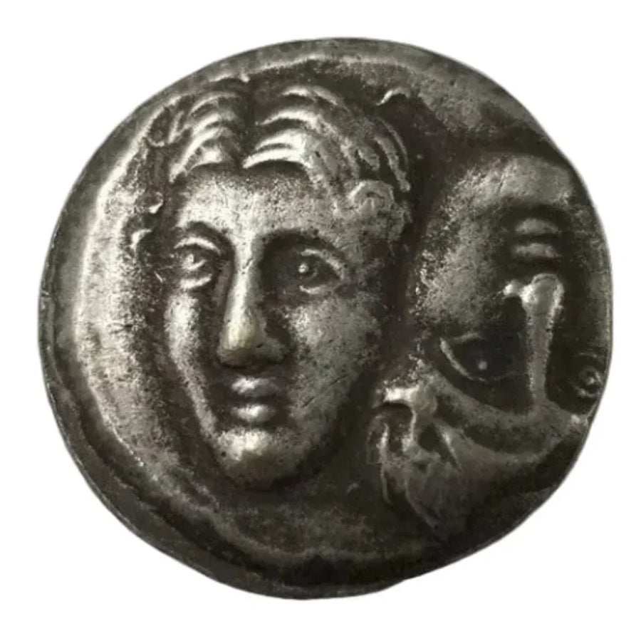 Ancient Greek Istria two-faced commemorative collectible coin Janus dual head upright inverted design antique silver historical coin gift for collectors available at One More Coin store
