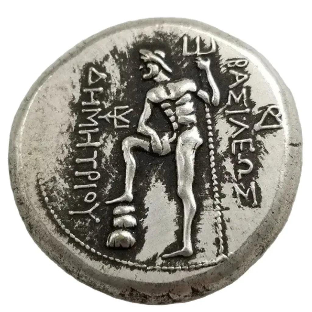 Ancient Greek King Demetrius coin reverse side Poseidon sea god trident Greek inscription antique silver collectible coin
