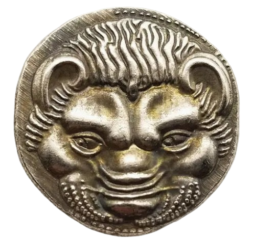 Lion head ancient Greek coin replica silver-plated brass collectible token reverse side detail