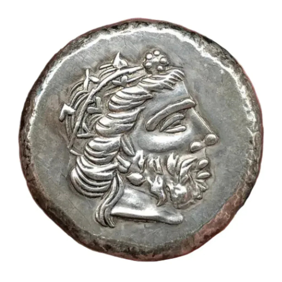 Ancient Greek Naxos amphora commemorative collectible coin bearded deity laurel wreath Zeus portrait antique silver historical coin gift for collectors available at One More Coin store
