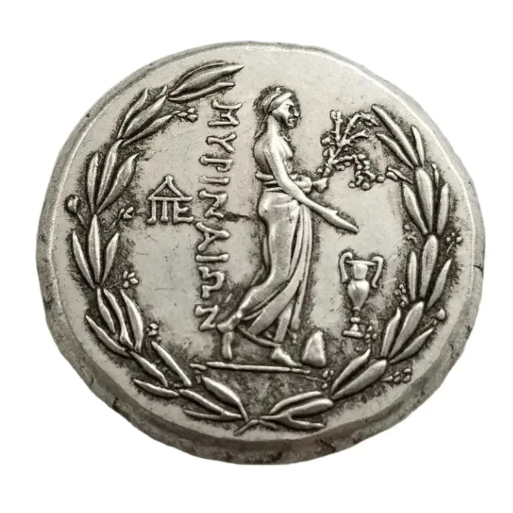 Ancient Greek Nike coin reverse side victory goddess laurel wreath temple symbols Greek inscription antique silver collectible coin

