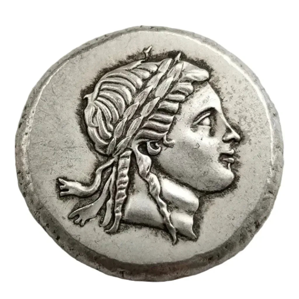 Ancient Greek Nike laurel wreath commemorative collectible coin goddess portrait styled hair antique silver historical coin gift for collectors available at One More Coin store
